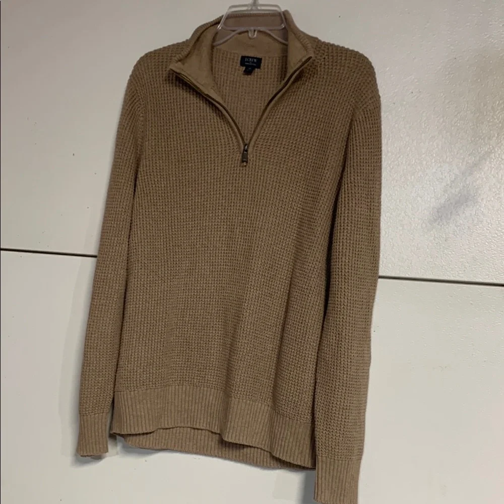 J CREW MENS WAFFLE KNIT ZIP PULLOVER SWEATER MEDIUM TAN BEIGE_2
